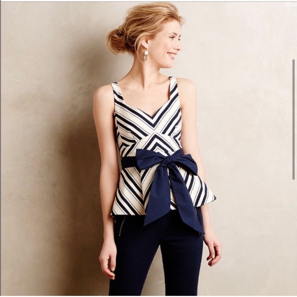 ANTHROPOLOGIE Maeve Mitered Striped Peplum Tank Top With Sash - Size 12 - Picture 1 of 11